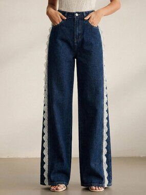 Navy Blue Casual Women's Lace Trim Pocket Button Straight Leg Jeans